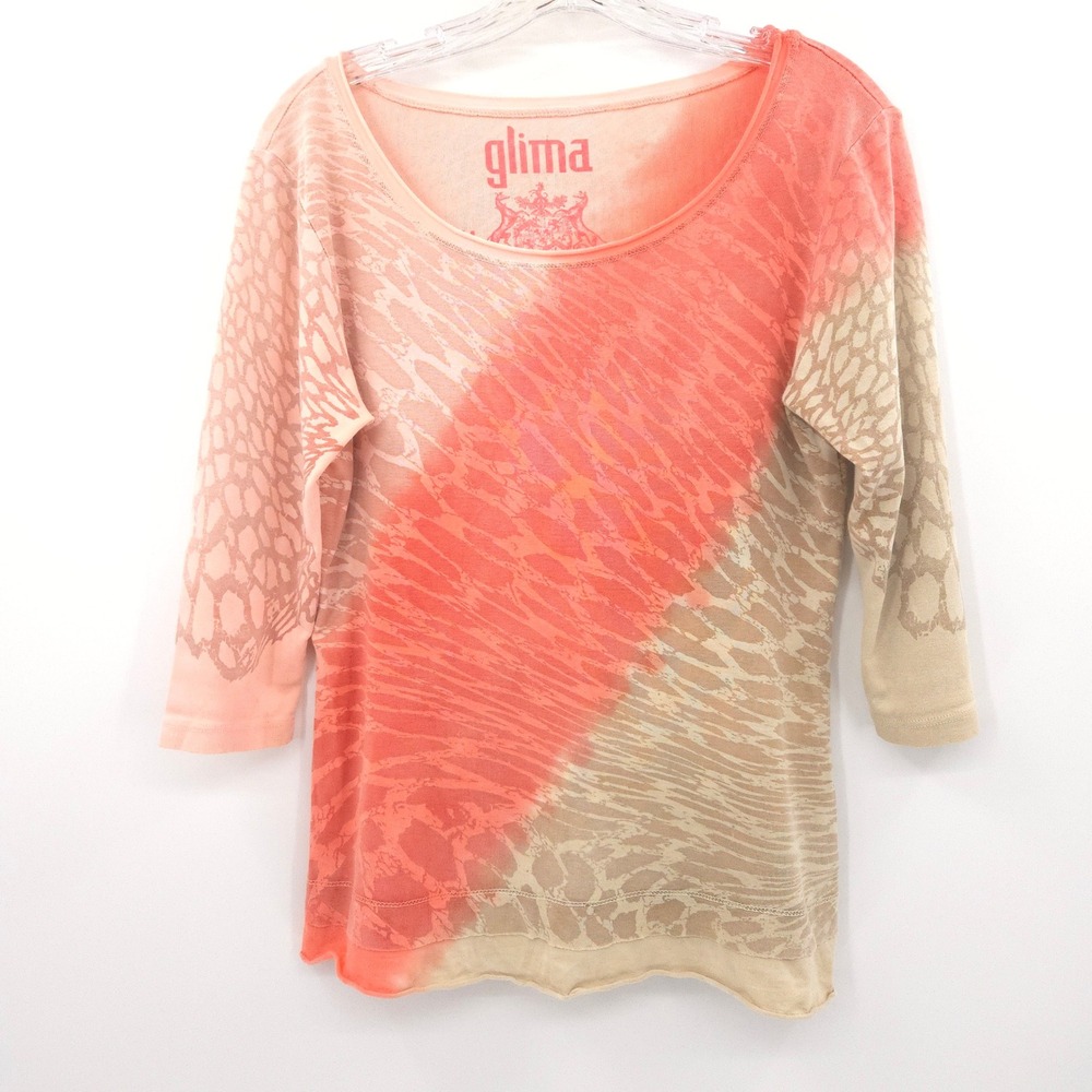 Glima top Women Medium Coral Tan Ombre Animal Print 3/4 Sleeve knit Boho